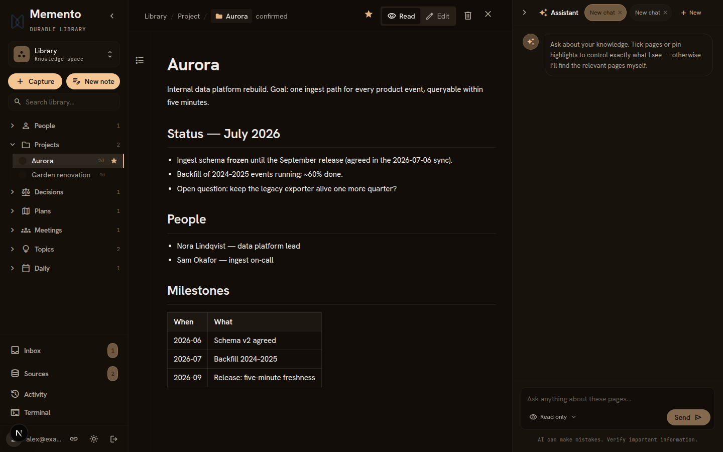 The Memento app in dark mode