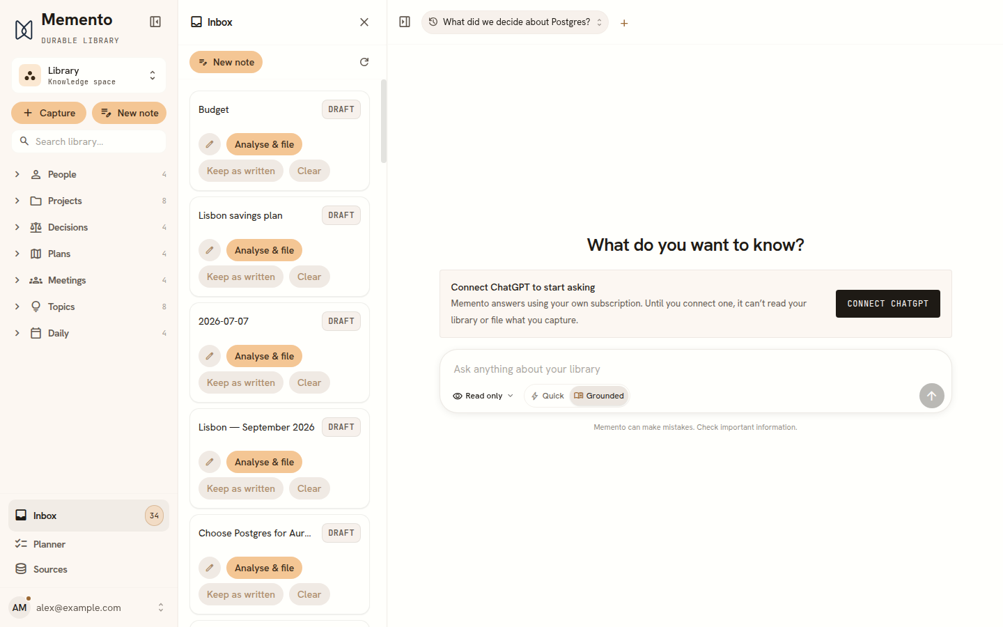 The inbox panel holding a draft note next to the assistant pane